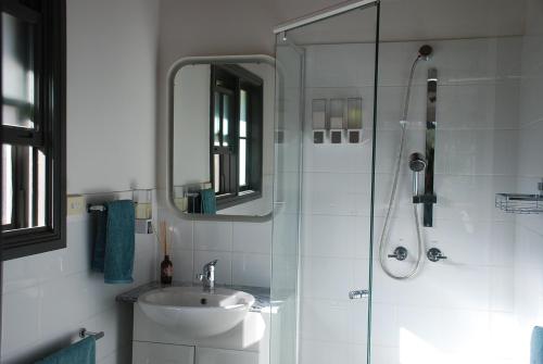 BilpinThe Bower at Wildside Sanctuary的浴室配有盥洗盆和带镜子的淋浴