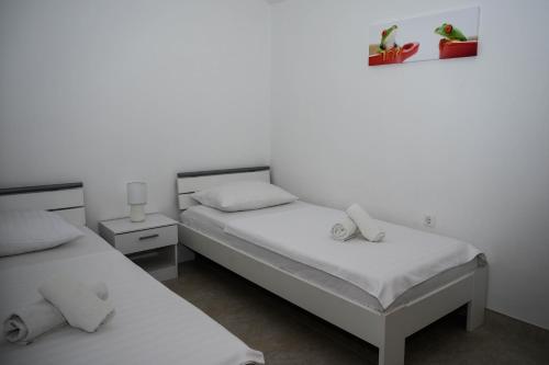 特罗吉尔Villa Vinko的白色墙壁客房的两张床