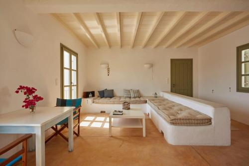 纳乌萨Ochre Dream, Beach front & Sunset villa Naousa的客厅配有沙发和桌子