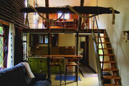 纳纽基The Murana Chalet的一张高架床,位于带桌子和梯子的房间