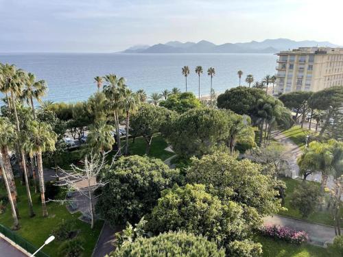 戛纳Beach Studio Cannes的享有棕榈树公园和大海的景色