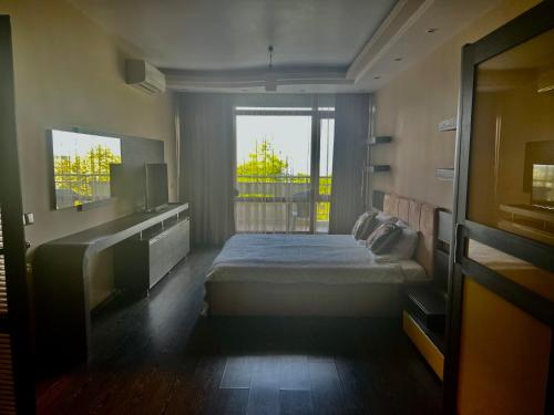 布尔加斯Vista Sul Mare II的一间卧室设有一张床和一个大窗户