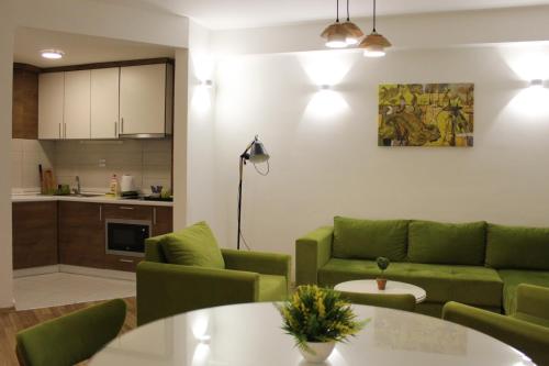 马夫罗沃Domini LakeView Apartment的一间带绿色沙发的客厅和一间厨房