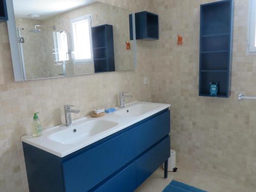 雷岛圣玛丽Le vieux chai的浴室设有蓝色水槽和镜子