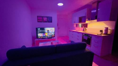 维勒班特Joli 2 pièces tout confort Paris Parc des expositions Villepinte的带沙发的紫色客厅和厨房