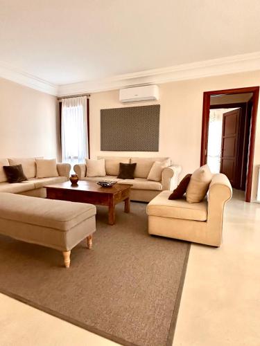 奥尔比亚Double A Luxury Apartment的客厅配有两张沙发和一张桌子