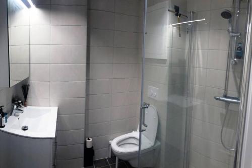 奥斯陆Super-central and attractive Apartment的带淋浴、卫生间和盥洗盆的浴室