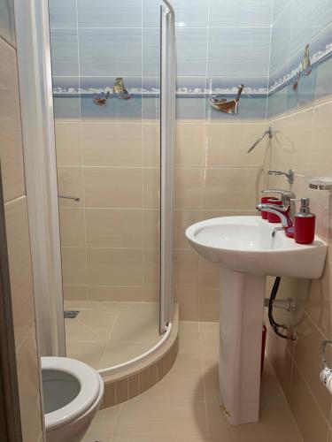Kaji-SayCHINAR hotel的带淋浴、盥洗盆和卫生间的浴室