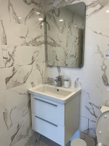 伊加洛Apartments City View的白色的浴室设有水槽和镜子