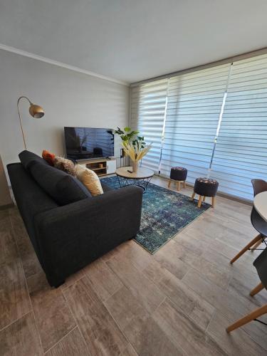 瓦尔帕莱索Hermoso departamento de 2 dormitorios con una vista maravillosa的带沙发和电视的客厅