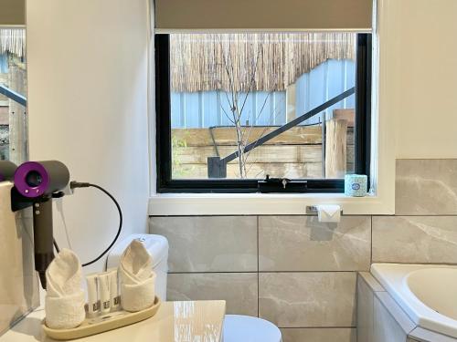 Arthurs SeatArthurs Holiday Villa的浴室设有窗户、卫生间和水槽。