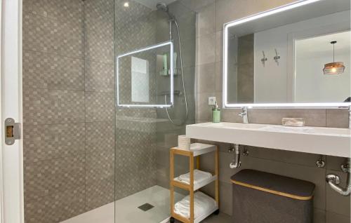 贝纳阿维斯Benahavis Village的带淋浴、盥洗盆和镜子的浴室