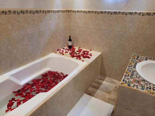 危地马拉安地瓜Casa Miranda的浴室配有装满红玫瑰的浴缸