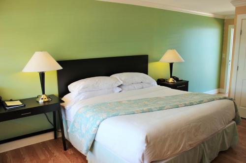 圣奥古斯丁Edgewater Inn - St. Augustine的一间卧室配有一张大床和两张台灯。