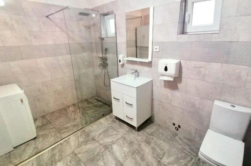 CricăuCasa Noastră的带淋浴、盥洗盆和卫生间的浴室