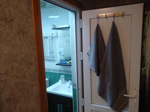 巴库cozy home的浴室设有水槽,毛巾挂在门上