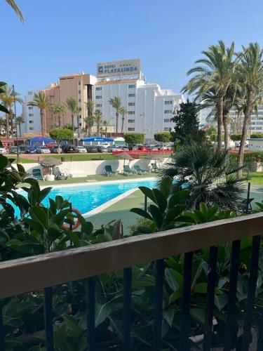 滨海罗克塔斯Entremares estudio a 150 metros playa的享有棕榈树和建筑的游泳池的景色