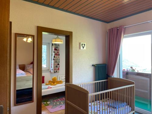 拉登泰因Landhaus Schönblick的一间婴儿房,配有婴儿床和镜子