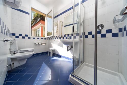 帕多瓦乔托酒店的带淋浴、卫生间和盥洗盆的浴室