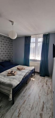 比得哥什Apartament Leopard的一间卧室配有一张蓝色墙壁和蓝色窗帘的床