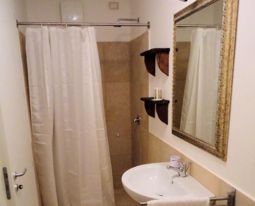 莫尔恰诺迪莱乌卡Palazzo San Giovanni的浴室配有盥洗盆和带镜子的淋浴