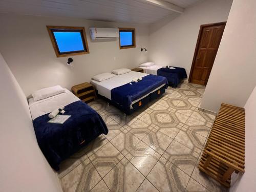 新艾朗Local Hostel Novo Airão的配有蓝色床单的客房内的两张床