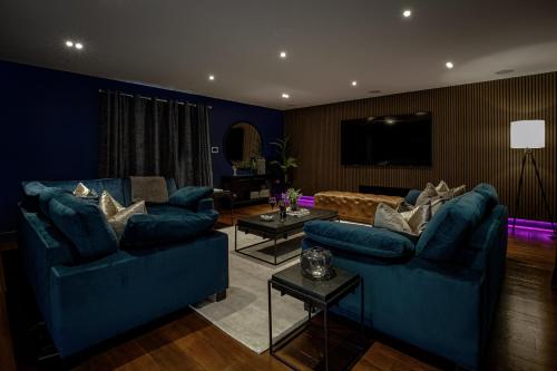 布莱克浦Spengarth House by STAMP SA的客厅配有蓝色的沙发和电视