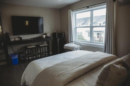 温莎大瀑布河滨套房公寓的一间卧室设有一张床、一台电视和一个窗口。
