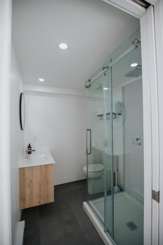 瓦勒多Station Boréale的一间带玻璃淋浴和水槽的浴室