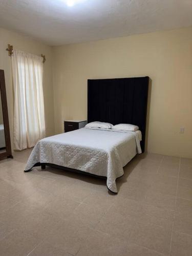 San Agustin de las JuntasDepartamento completo, cómodo y cerca del aeropuerto的一间卧室配有一张大床和黑色床头板