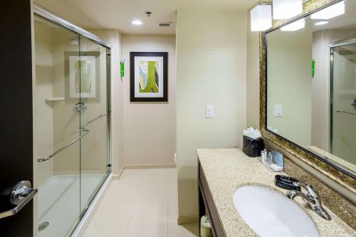 奥古斯塔Hampton Inn by Hilton Augusta Fort Eisenhower的一间带水槽、淋浴和镜子的浴室