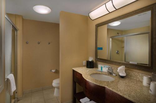 阿尔特斯阿尔图斯希尔顿恒庭旅馆&套房酒店的一间带水槽、镜子和卫生间的浴室