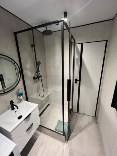 卡托维兹White and Black Apartments的一间带玻璃淋浴和水槽的浴室