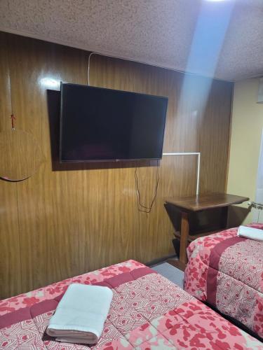 蓬塔阿雷纳斯Hostal Balmaceda的酒店客房设有两张床和一台平面电视。