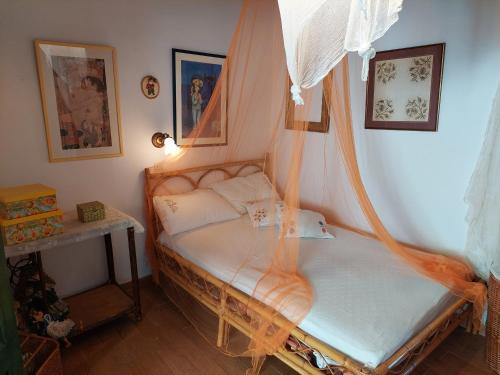 雅莎尼奥PORTO KATSIKI-HOME的配有一张带蚊帐的床的客房