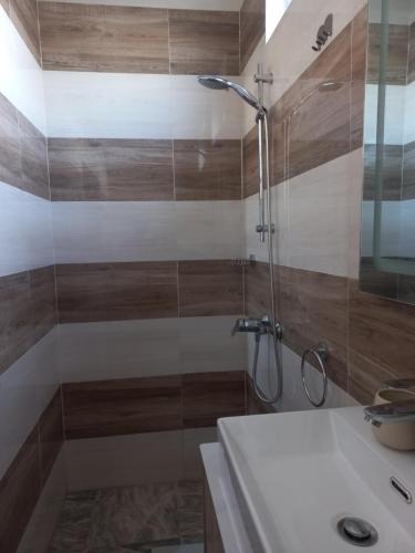 卡特勒博尔纳En-suite Rooms in shared appartment的带淋浴和盥洗盆的浴室