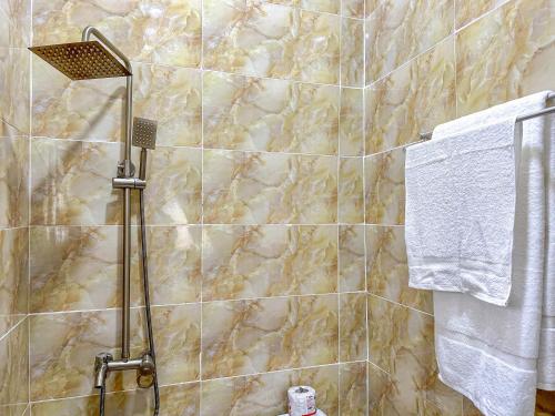 阿布贾Cozy Apartment - Hideaway with 5G WiFi的浴室设有大理石瓷砖和淋浴。