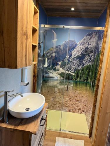 特劳恩基兴Apartment Hochsteinalm的设有带水槽的浴室,享有山景