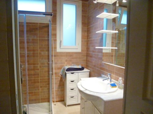 韦尔内莱班F4 VERNET LES BAINS的带淋浴、盥洗盆和镜子的浴室