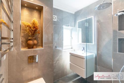 豪士罗Beautiful Apartment In London的浴室配有盥洗盆和带镜子的淋浴