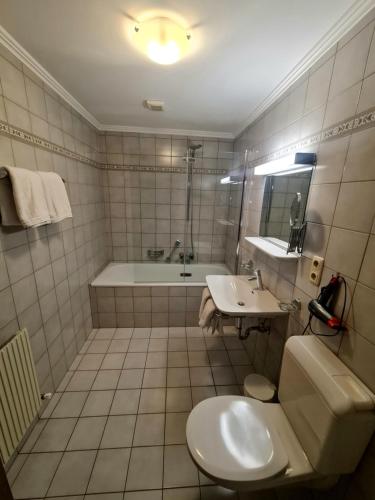 拉迪斯Haus Gabriele的带浴缸、卫生间和盥洗盆的浴室