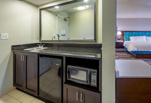 马特森芝加哥马特森汉普顿酒店的一间带水槽和镜子的浴室以及一张床