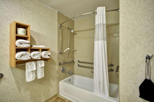 查尔斯顿汉普顿酒店及套房查尔斯顿／宜人山－棕榈岛的浴室配有带浴缸和淋浴帘的淋浴