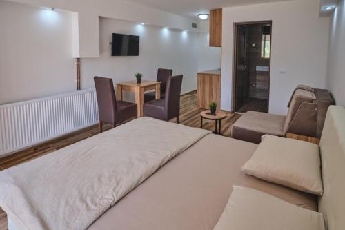 索科矿泉村Apartmani Tvins的配有床、沙发和椅子的房间