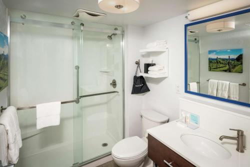 康梅克康马克/长岛希尔顿恒庭酒店的带淋浴、卫生间和盥洗盆的浴室