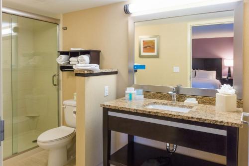 代托纳海滩代托纳海滩/海滨汉普顿酒店的一间带卫生间、水槽和镜子的浴室