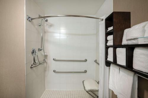 Newbern都柏林汉普顿酒店的带淋浴和白色毛巾的浴室