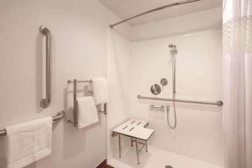 德梅因德梅因机场希尔顿恒庭酒店的带淋浴和卫生间的白色浴室