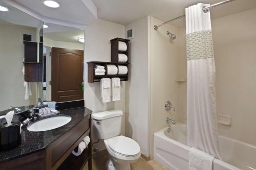 杜波依斯杜波依斯汉普顿酒店的浴室配有卫生间、盥洗盆和淋浴。
