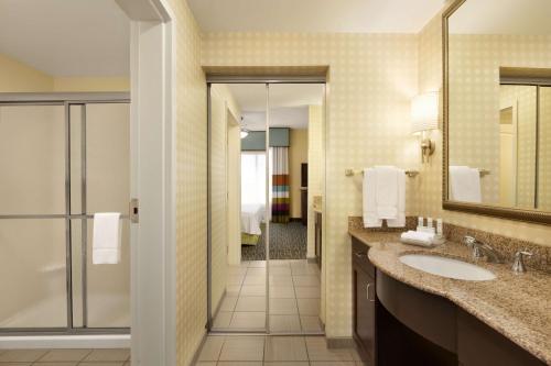 迈尔斯堡迈尔斯堡机场希尔顿惠庭套房酒店的浴室配有盥洗盆和步入式淋浴间。